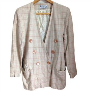 VINTAGE Cream & Pink Herringbone Simple Breasted Light Academia Blazer Size Smal